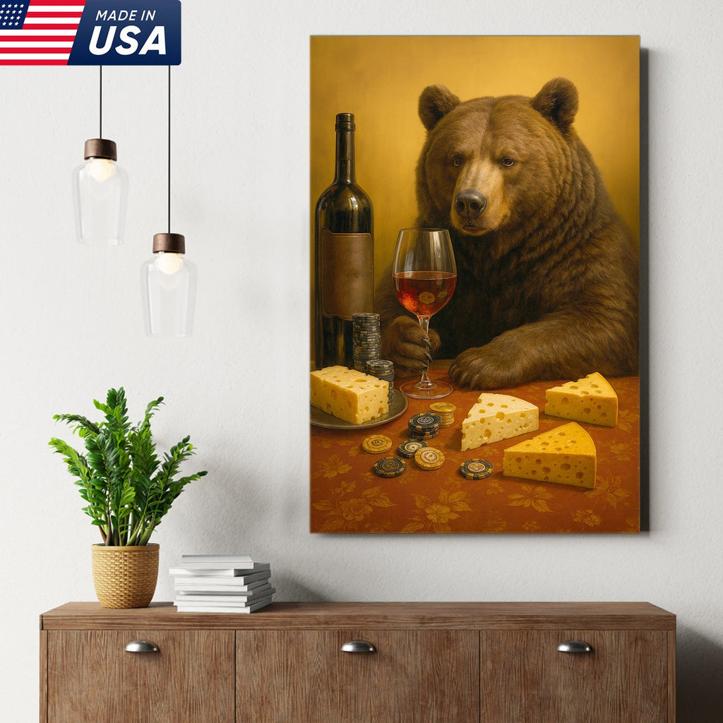 Funny Bear Wine & Cheese Wall Art Canvas - Poker Room Decor, Animal Painting for Home Bar