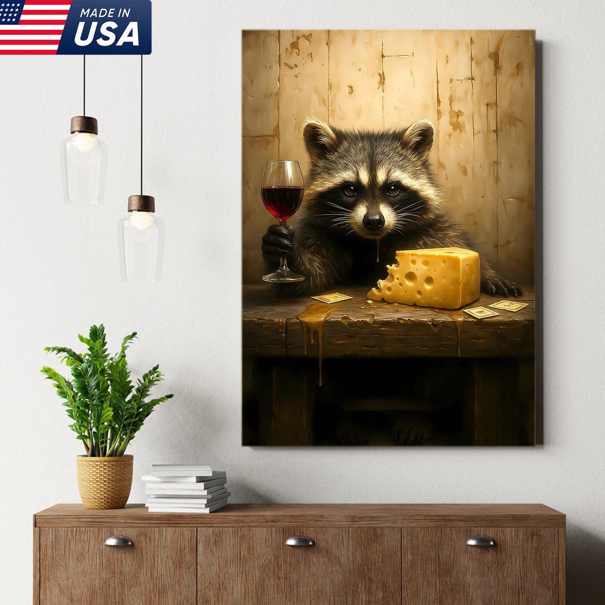 Raccoon with Wine and Cheese Canvas – Funny Bar Wall Art, Gentleman Gift for Men
