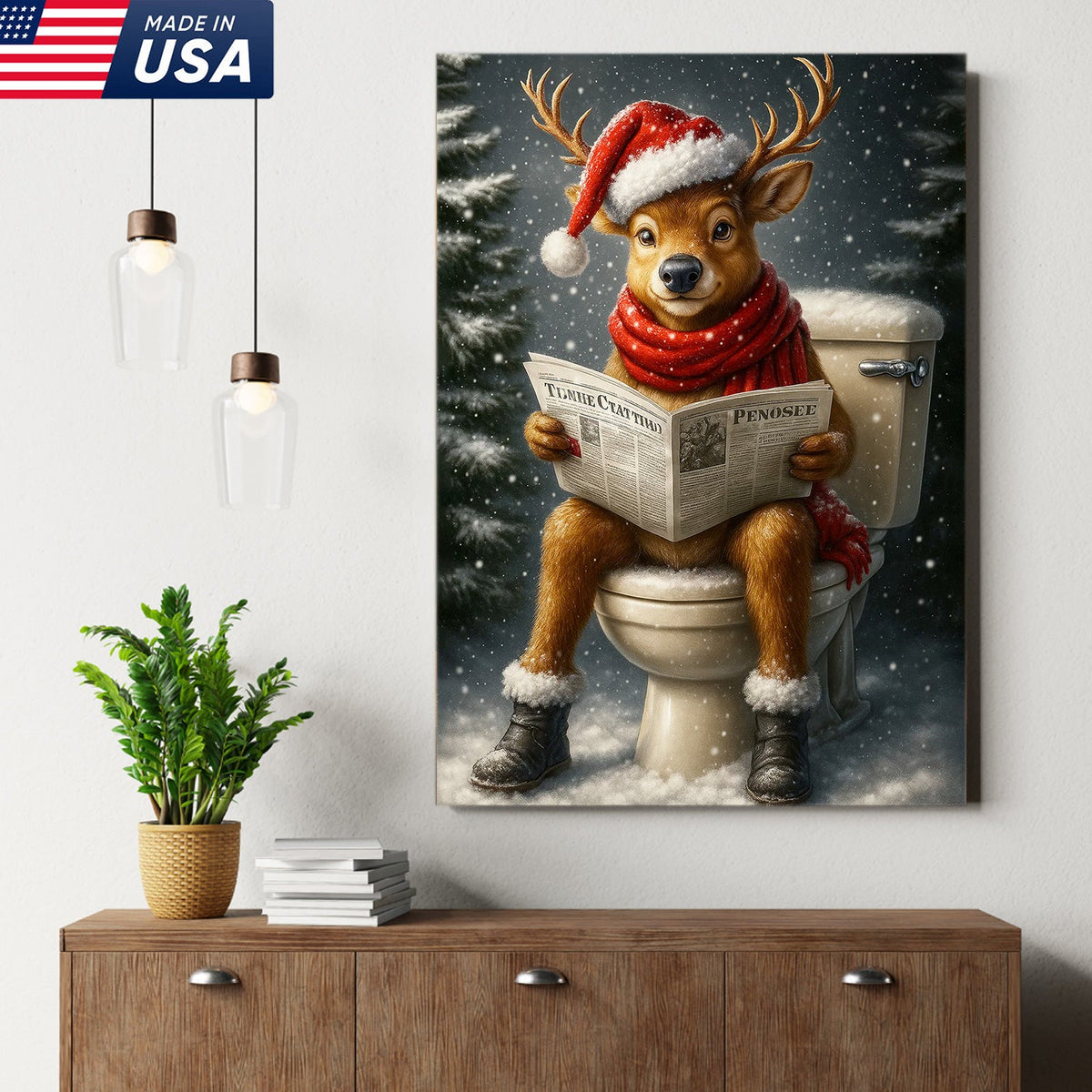Funny Deer Christmas Canvas Wall Art – Holiday Bathroom Decor – Rustic Hunting Lodge Gift