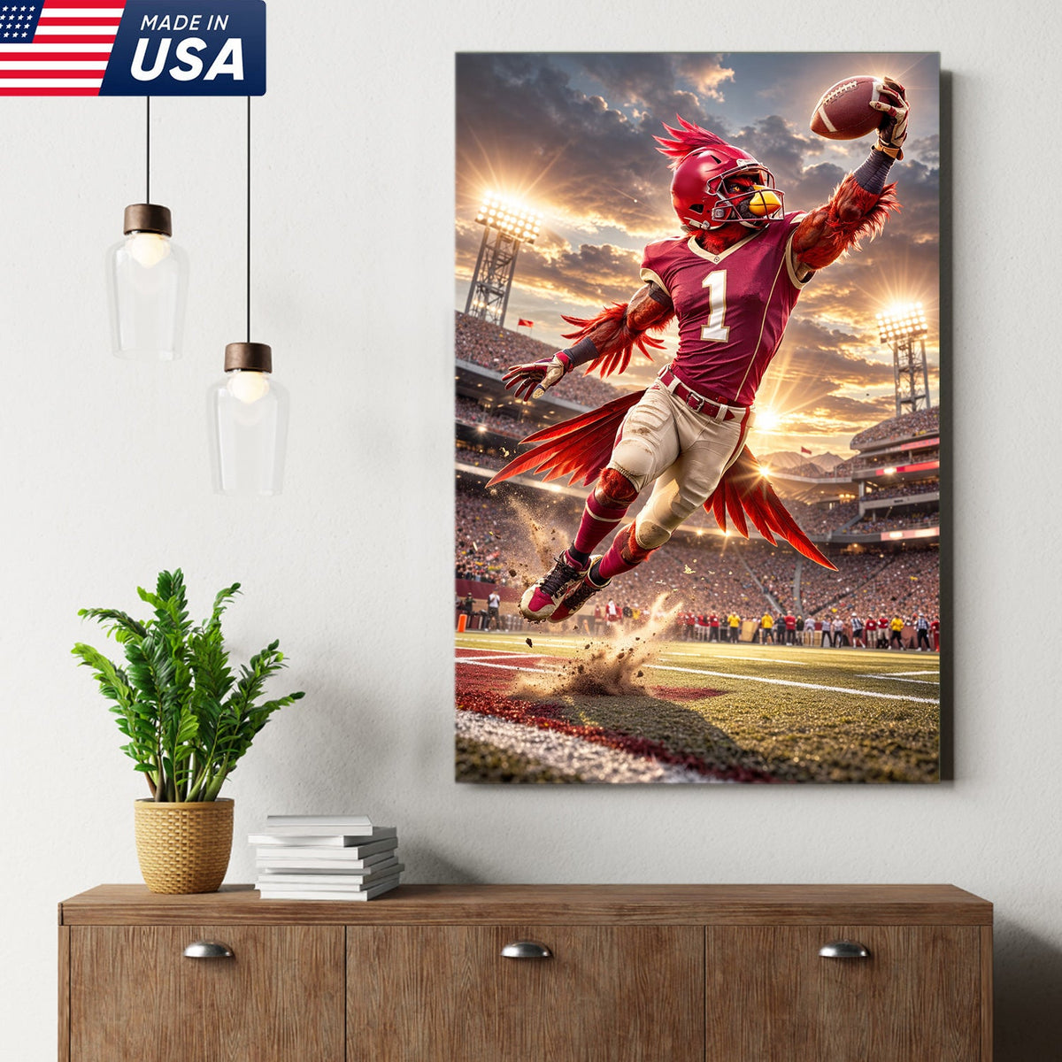 Red Cardinal Football Canvas Wall Art – Dynamic Touchdown Stadium Print