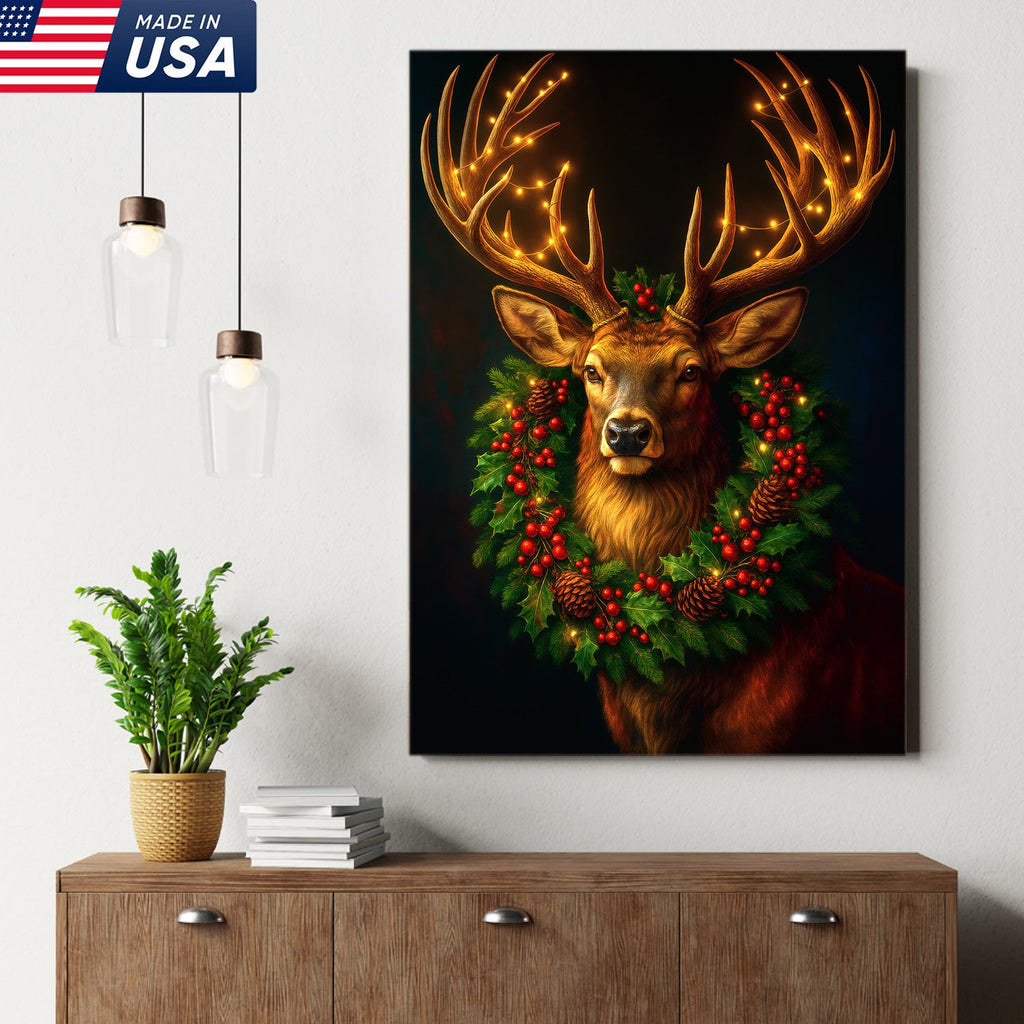 Christmas Deer Canvas Wall Art - Rustic Holiday Decor for Hunters, Cabin & Lodge Christmas Gift
