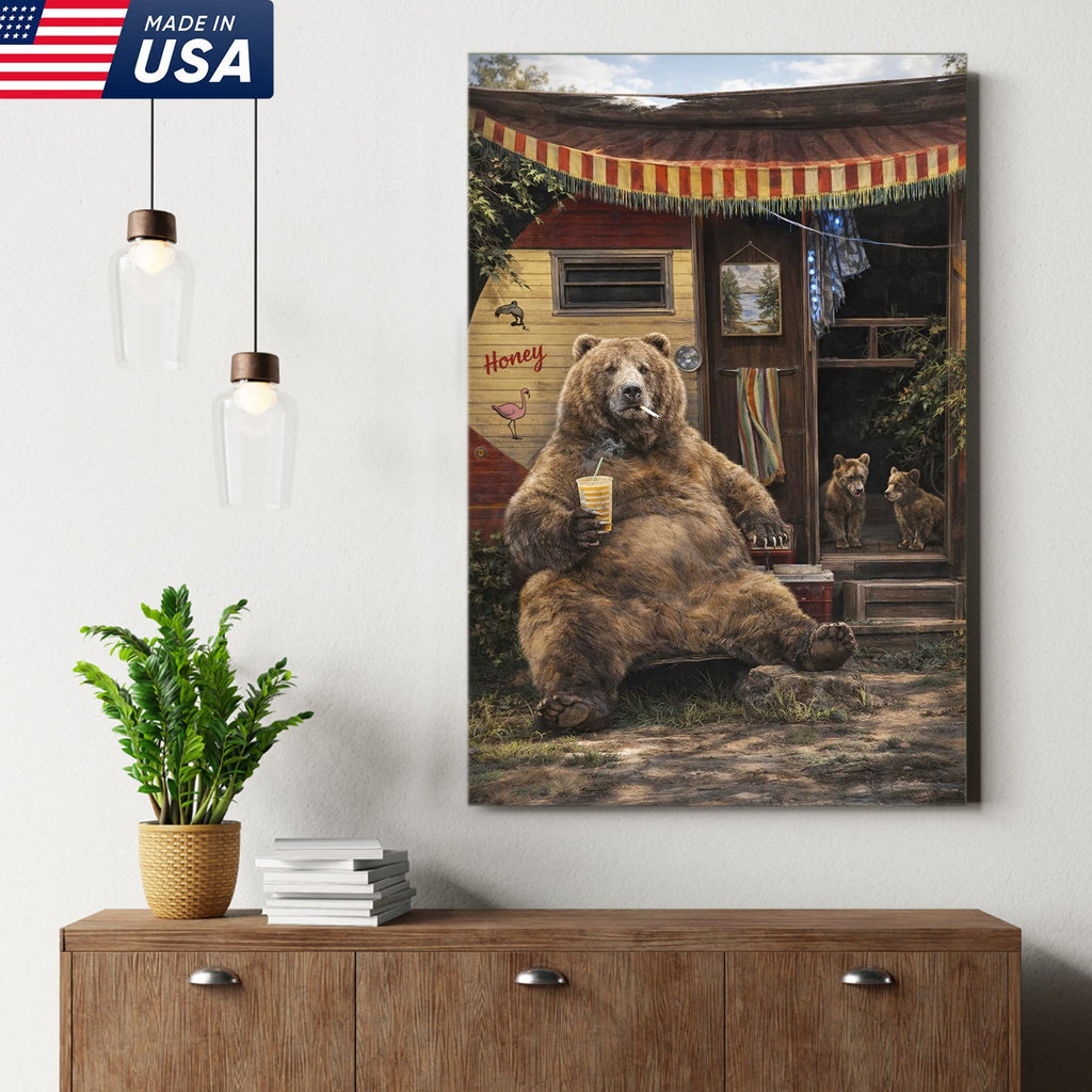 Funny Bear Camping Canvas, Rustic Cabin Wall Art, Wildlife Decor