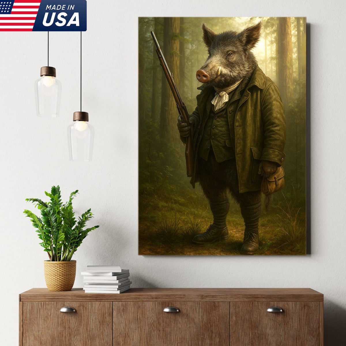 Funny Wild Boar Hunter Canvas Wall Art – Rustic Hunting Lodge Decor Gift for Hunters