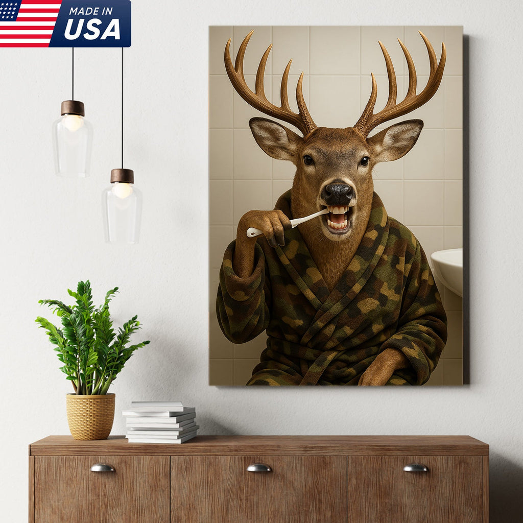 Funny Deer Brushing Teeth Wall Art – Rustic Bathroom Canvas for Cabin, Lodge & Man Cave Decor