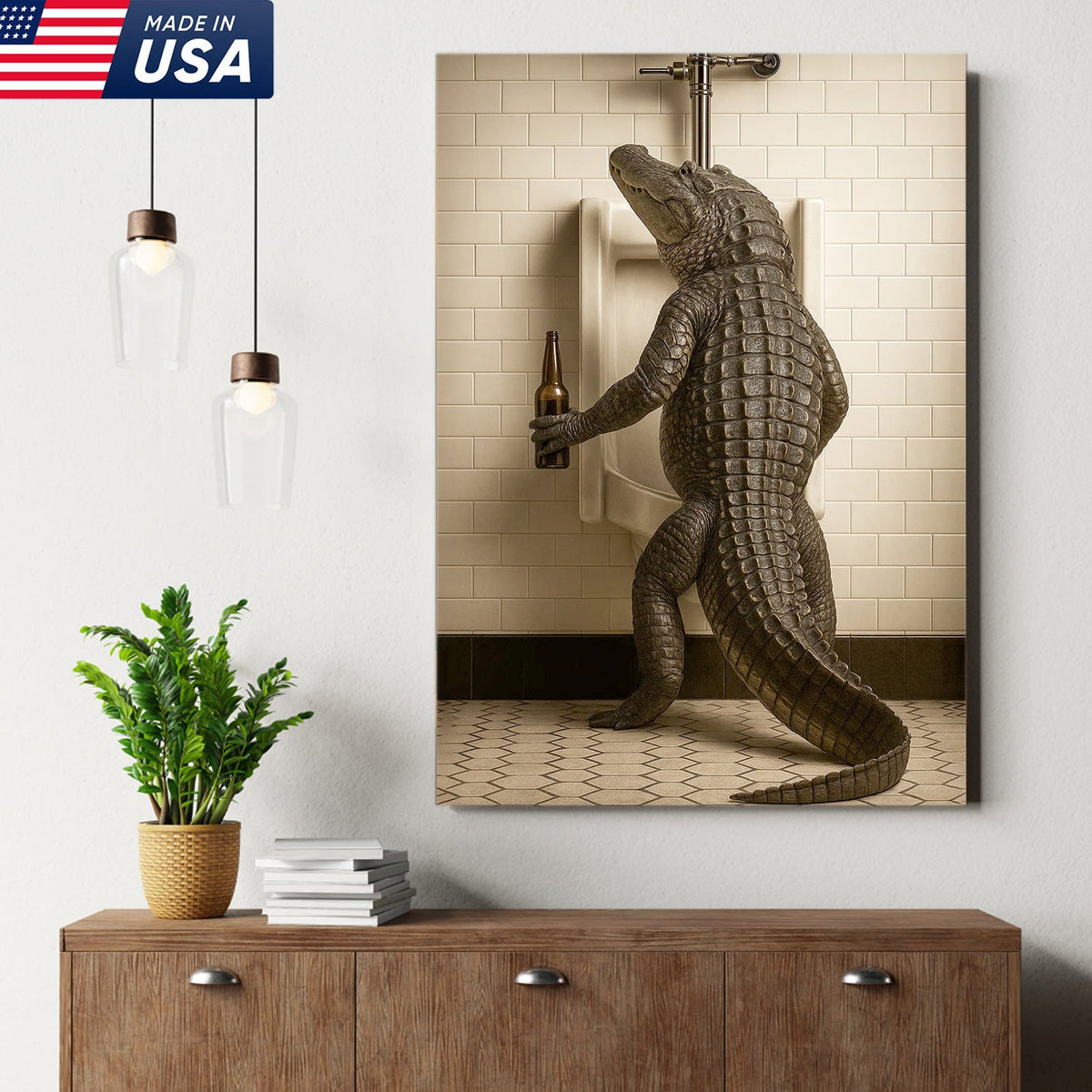 Alligator Bathroom Canvas Wall Art - Funny Rustic Lodge Decor for Cabin, Bar, and Wildlife Lovers