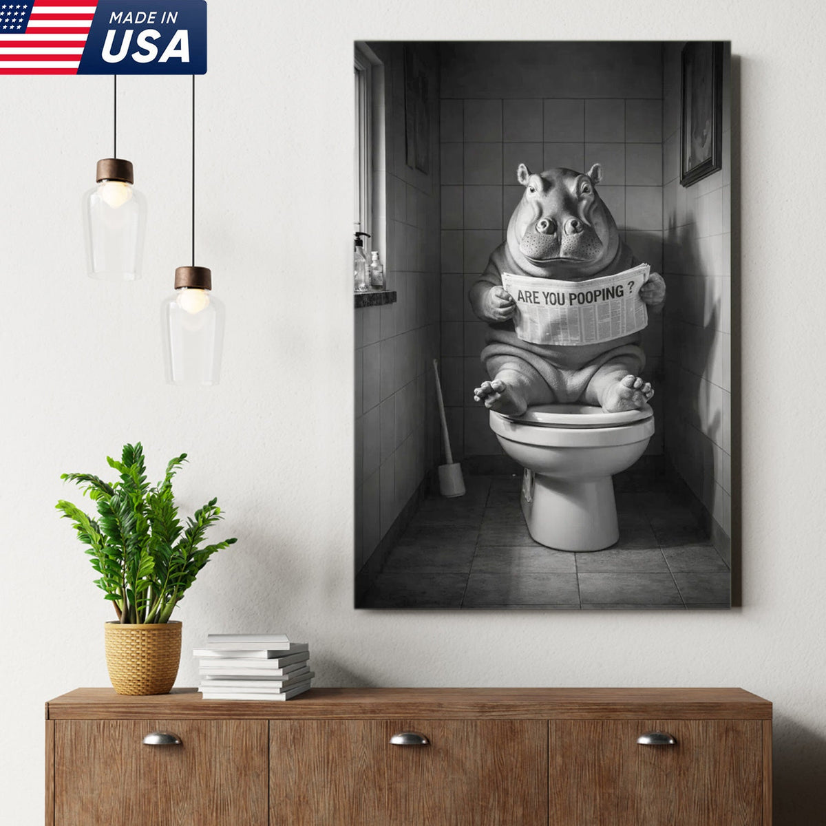 Funny Hippo Bathroom Wall Art, Are You Pooping Hippo Toilet Canvas