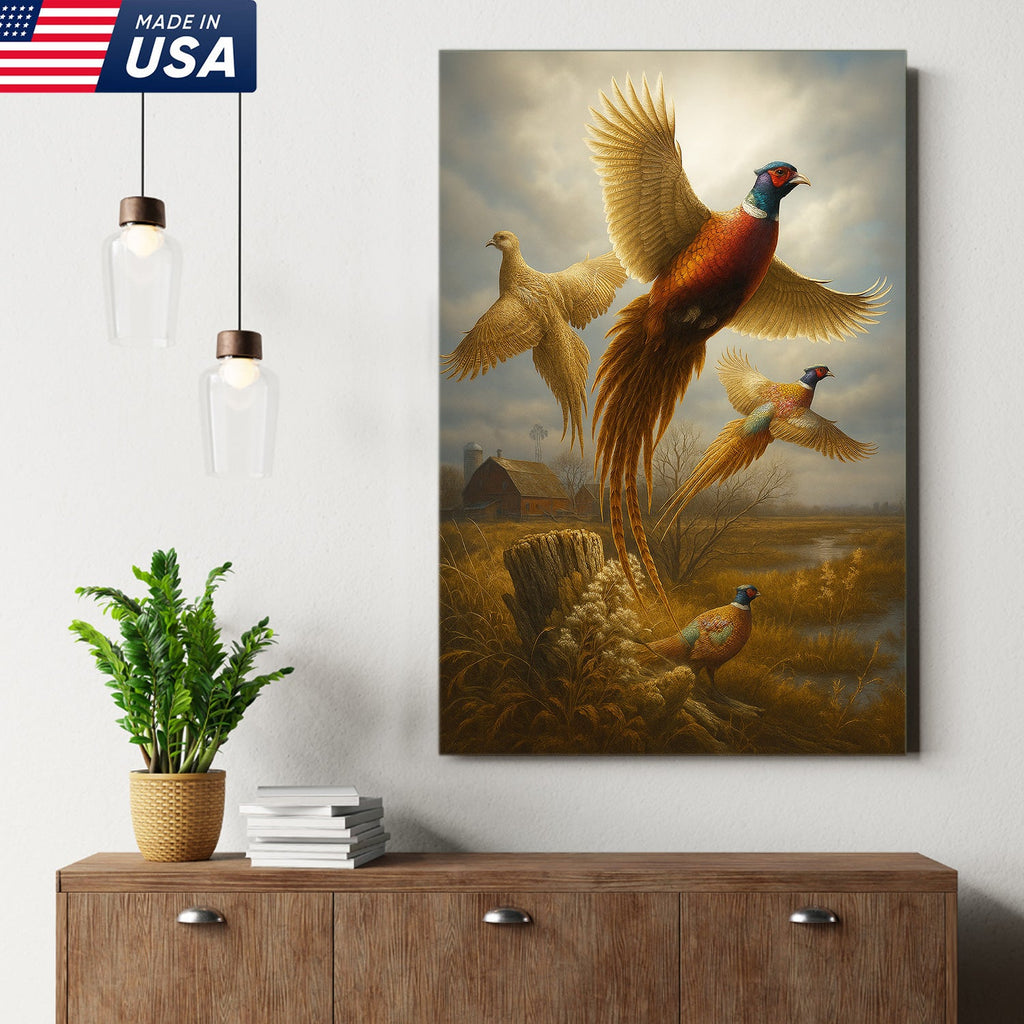 Pheasant in Flight Canvas – Rustic Countryside Wall Art for Lodge & Hunting Decor