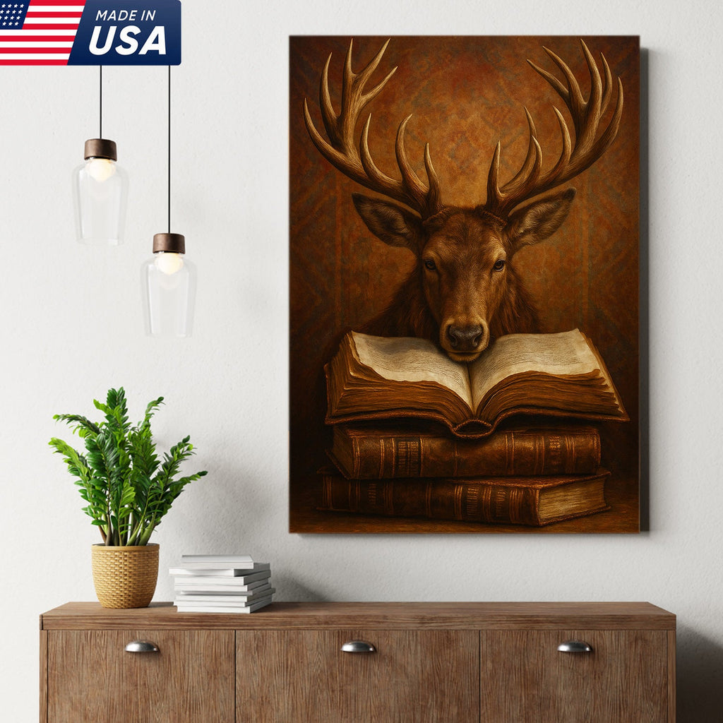 Wise Deer Canvas Wall Art – Rustic Library & Cabin Decor