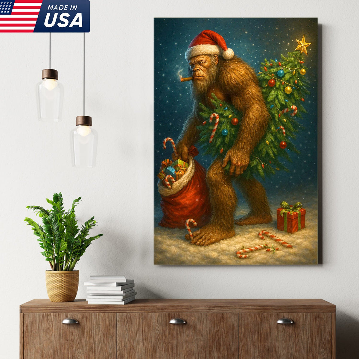 Funny Bigfoot Christmas Canvas Art, Sasquatch Holiday Wall Decor with Candy Canes