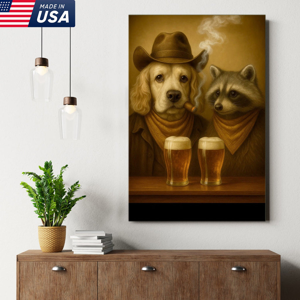 Funny Dog & Raccoon Bar Art – Cowboy Dog Smoking Cigar, Beer Buddies Wall Decor Gift for Men