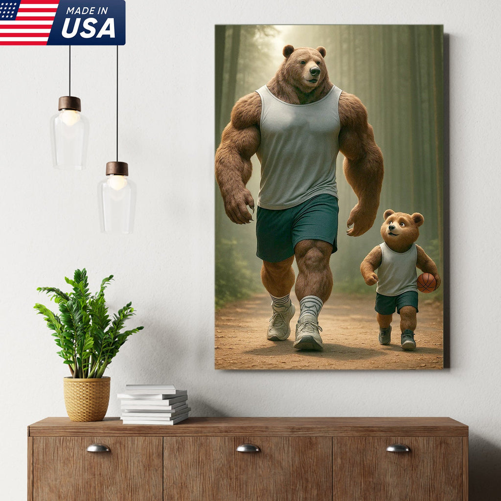 Buff Bear Dad and Cub Canvas Wall Art, Fitness Father and Son Bear Print