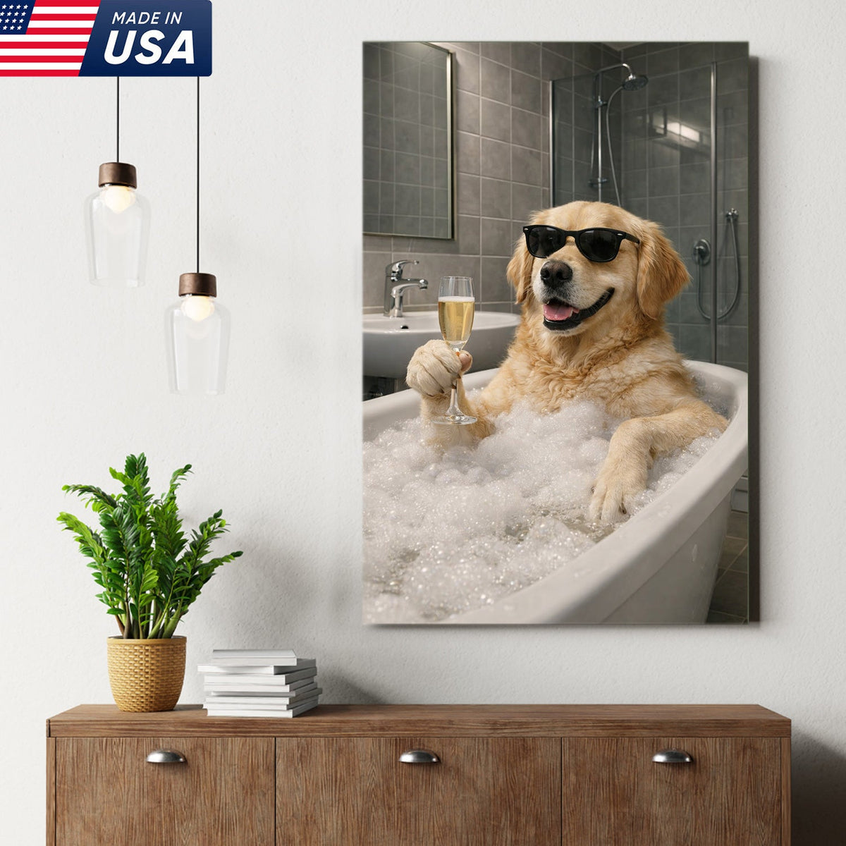 Golden Retriever Bath Canvas Wall Art, Funny Dog Bathroom Decor