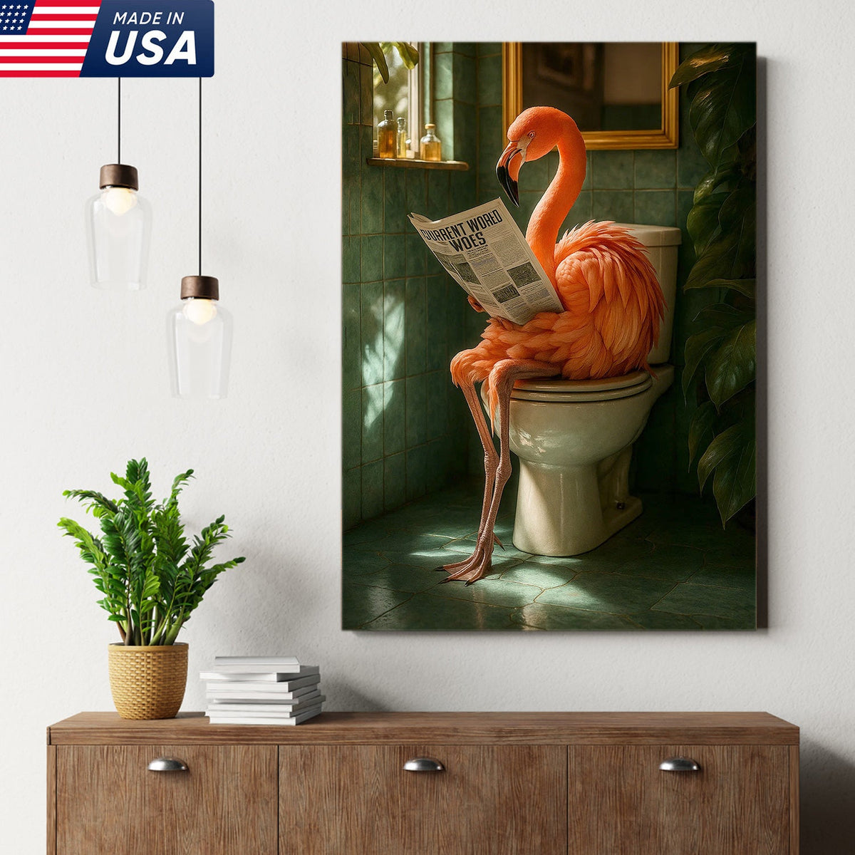 Funny Flamingo Bathroom Canvas Wall Art – Quirky Bird Reading Newspaper Print