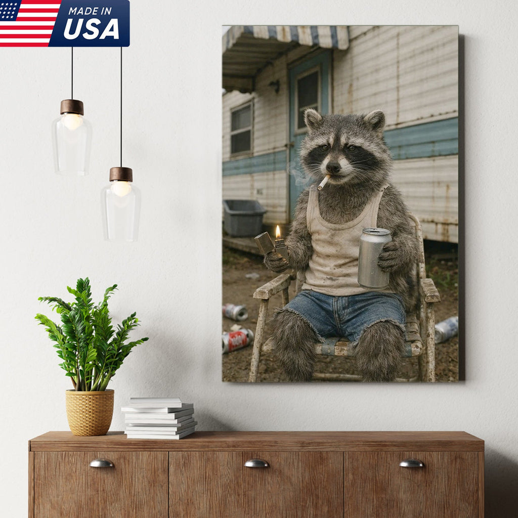 Funny Raccoon Trailer Park Canvas Wall Art, Redneck Raccoon Smoking with Beer