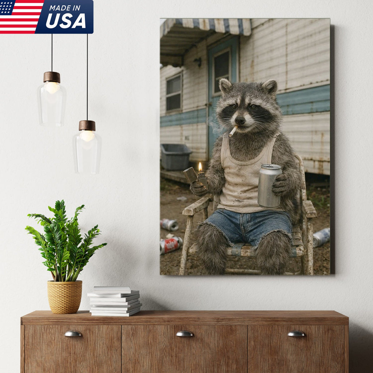 Funny Raccoon Trailer Park Canvas Wall Art, Redneck Raccoon Smoking with Beer