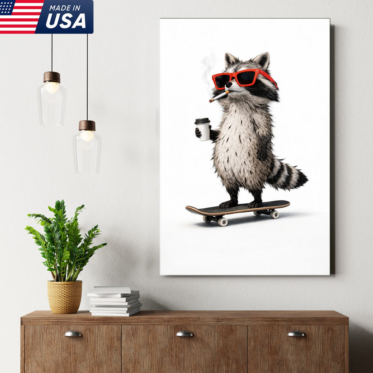 Cool Skateboard Raccoon Wall Art Canvas Print, Funny Urban Animal Illustration
