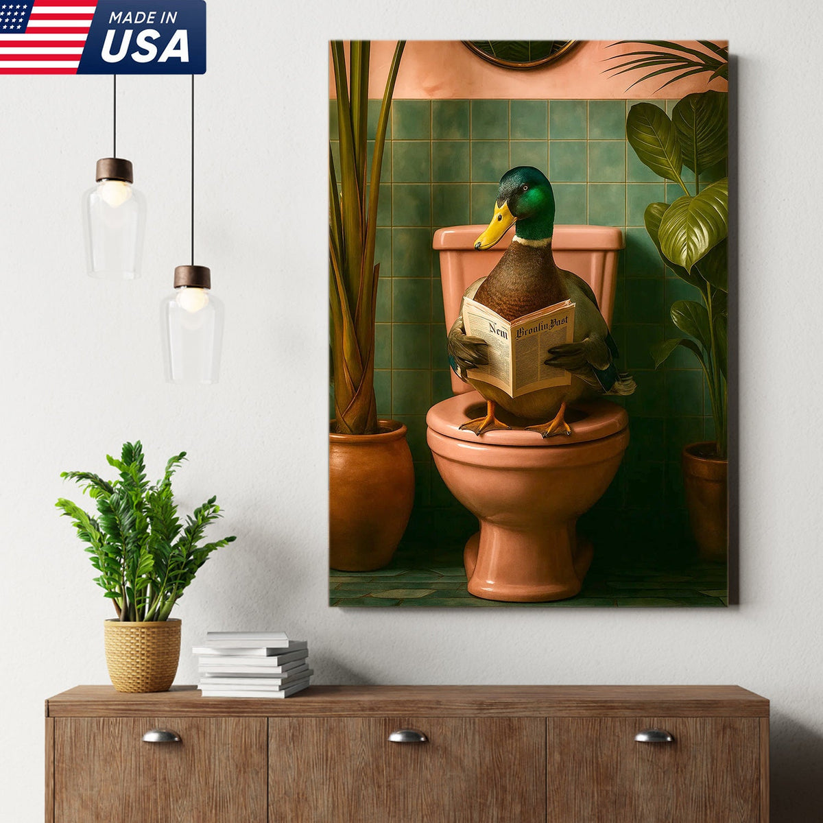 Whimsical Duck Bathroom Canvas Wall Art – Funny Rustic Lodge Decor – Mallard Reading Humor Print