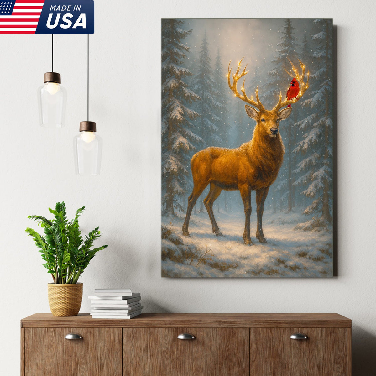 Majestic Deer Christmas Canvas Wall Art – Winter Woodland Decor, Lighted Antlers Canvas