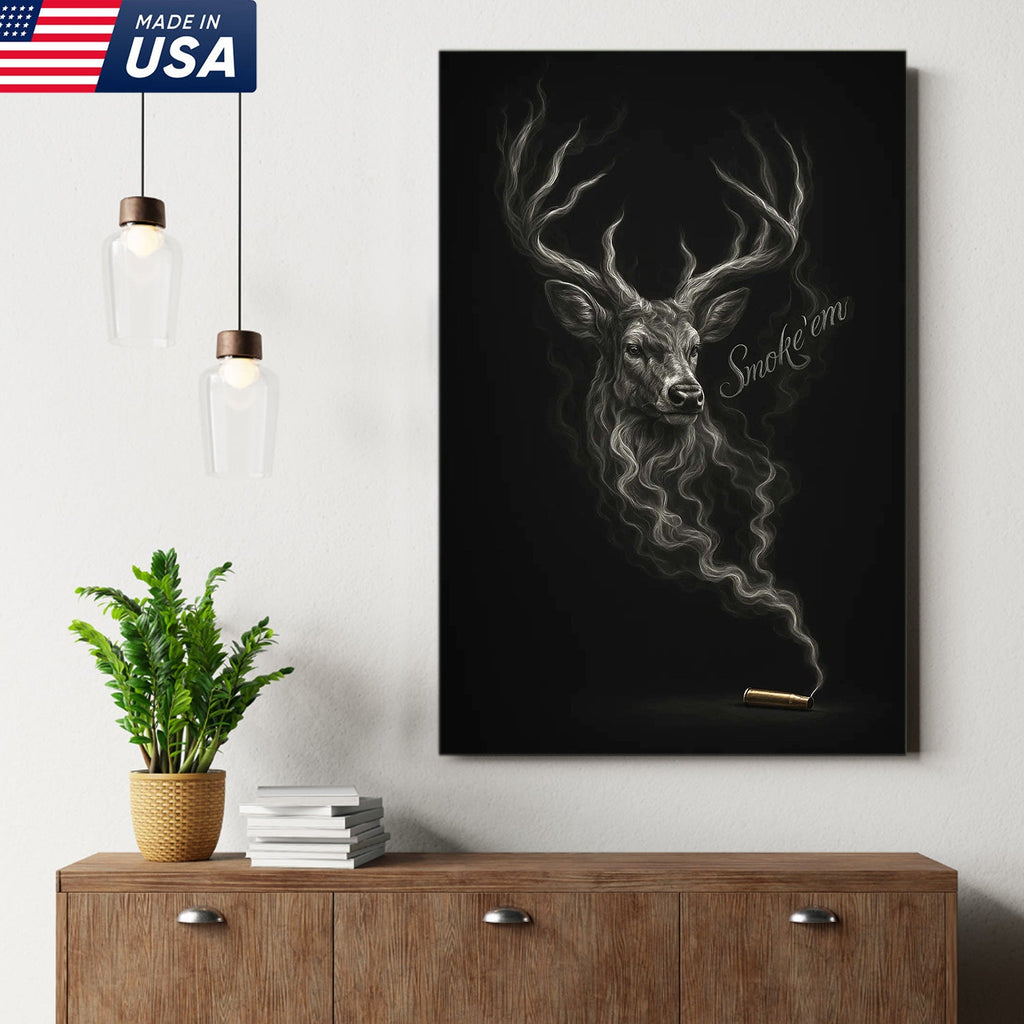 Smoke ’Em Deer Canvas, Rustic Hunter Wall Art, Smoky Buck Skull Design
