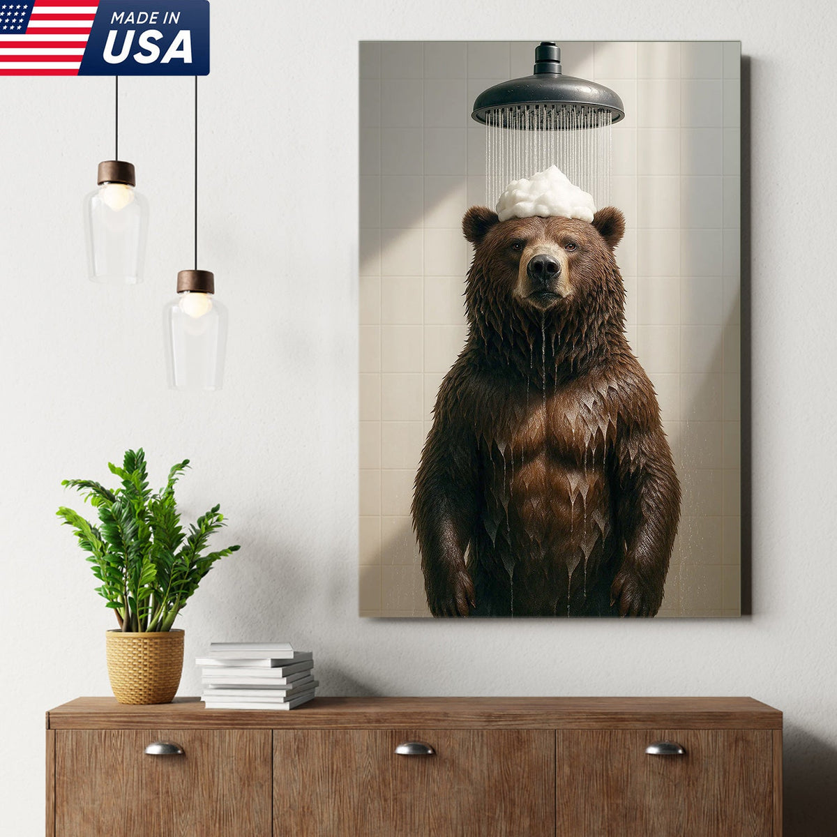 Funny Bear Taking Shower Bathroom Canvas Wall Art, Rustic Cabin Lodge Bathroom Decor