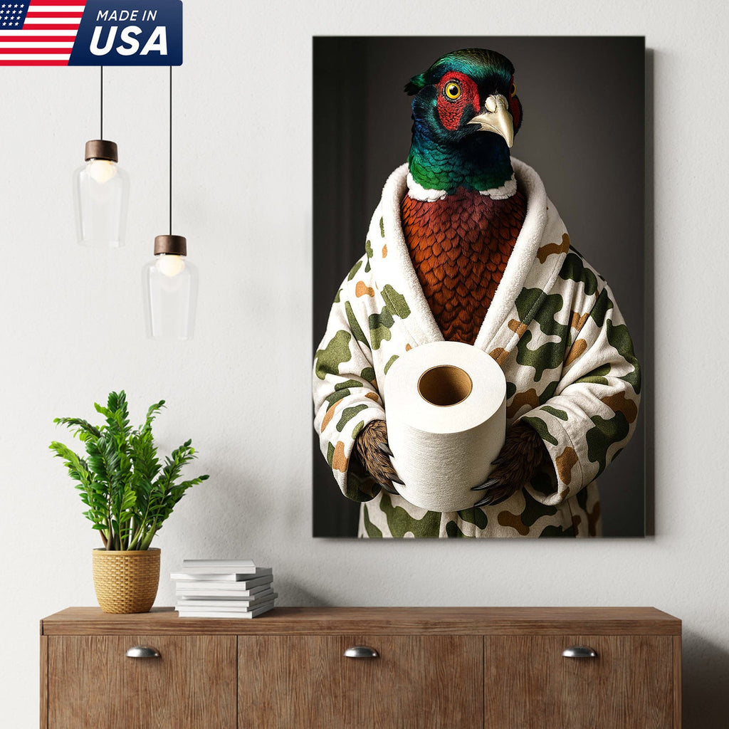 Funny Pheasant Bathroom Wall Art – Camo Robe Bird Holding Toilet Paper Print