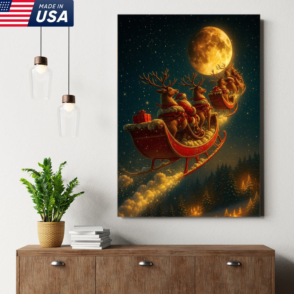Magical Santa Sleigh and Reindeer Canvas – Christmas Wall Art Gift for Hunters & Holiday Lovers