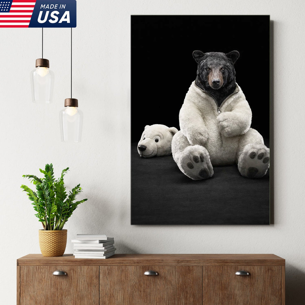 Cute Bear in Plush Suit Canvas Wall Art, Playful Bear Illustration with Soft Toy Head
