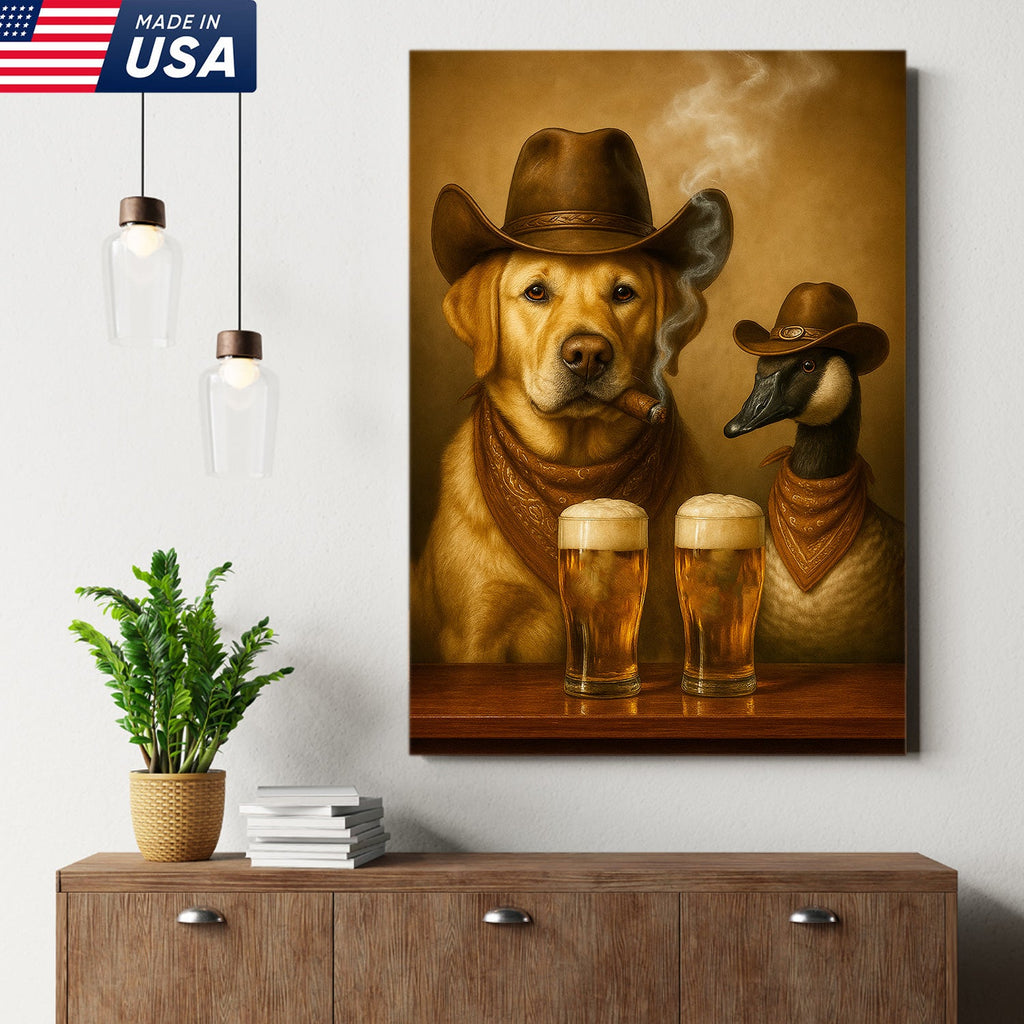 Funny Cowboy Dog & Goose Canvas Wall Art – Funny Beer & Smoking Western Decor for Hunters