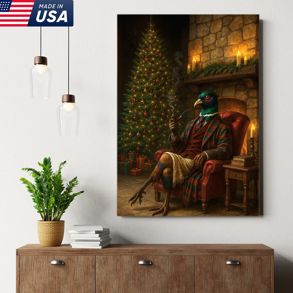 Holiday Pheasant Gentleman Canvas Wall Decor – Cozy Christmas Artwork for Cabin or Farmhouse