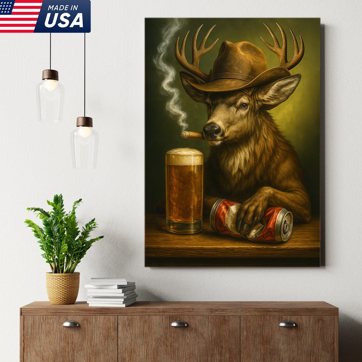 Funny Cowboy Buck Beer Canvas – Rustic Funny Wall Art Gift for Hunters, Bar Cabin & Man Cave Decor