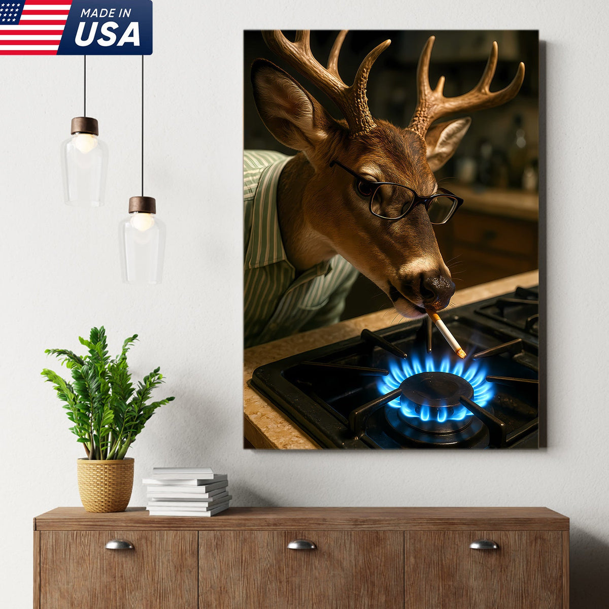 Funny Deer Smoking Canvas, Hilarious Buck Wall Art for Hunters, Rustic Cabin or Man Cave Decor
