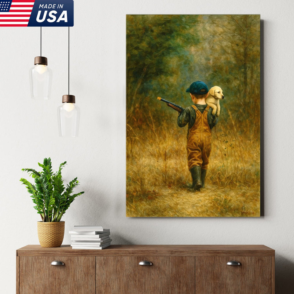 Little Hunter and Puppy Canvas Wall Art, Wholesome Boy with Dog Artwork