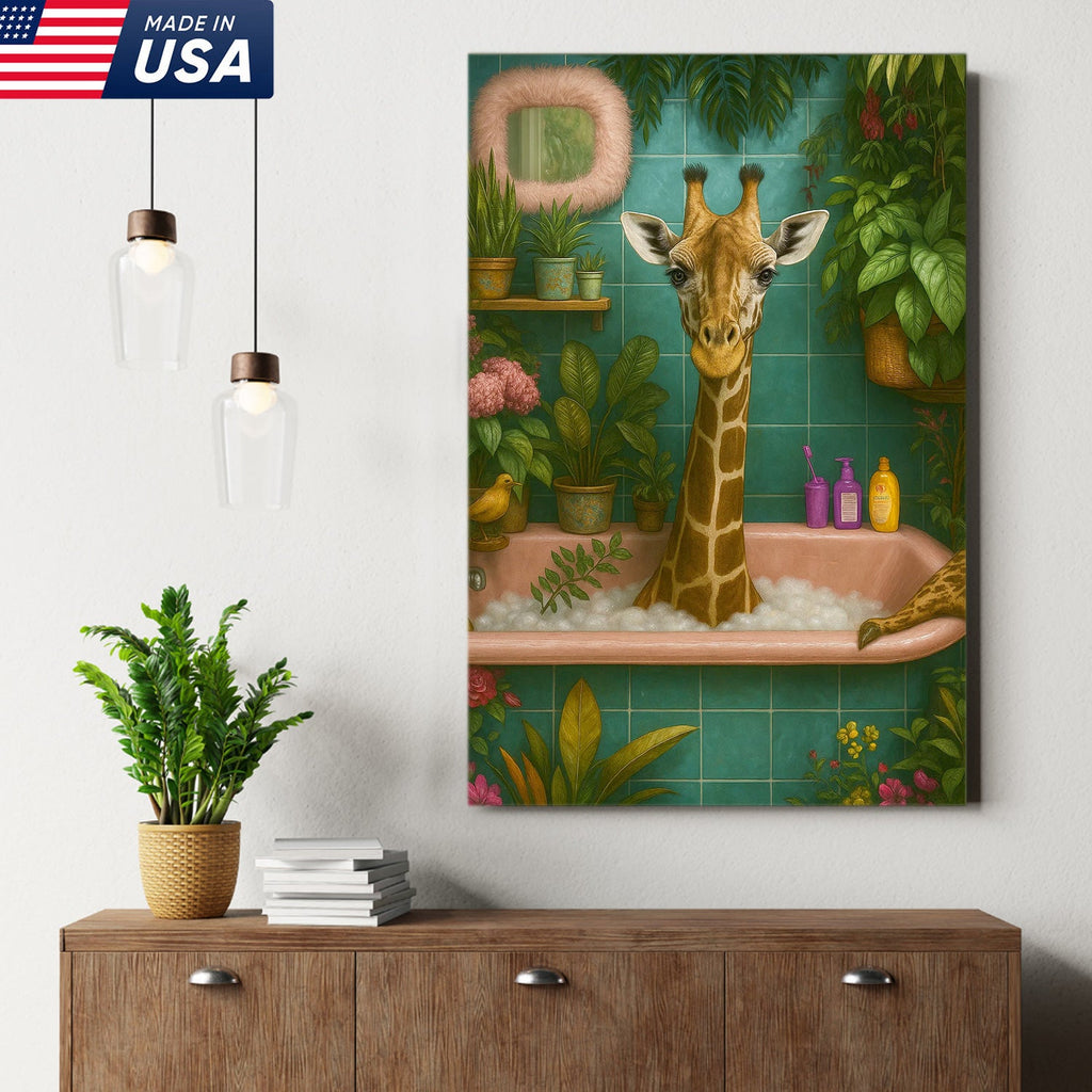 Giraffe Bathroom Wall Art Canvas, Funny Animal Taking Bath Decor