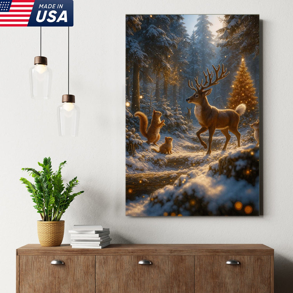 Christmas Deer Forest Wall Art Canvas – Magical Winter Woodland Print