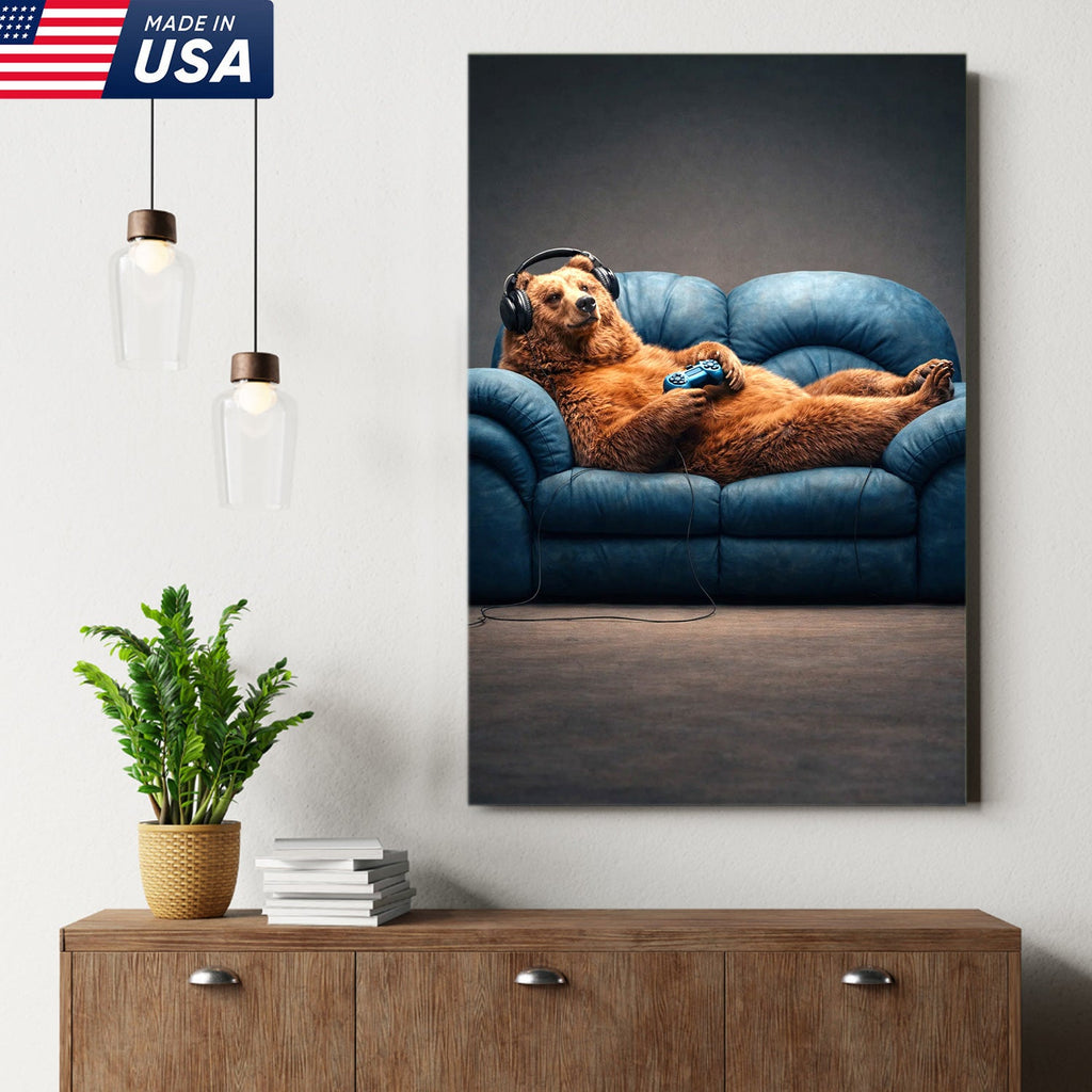Funny Gamer Bear Wall Art Canvas Print, Relaxing Animal Gaming Illustration