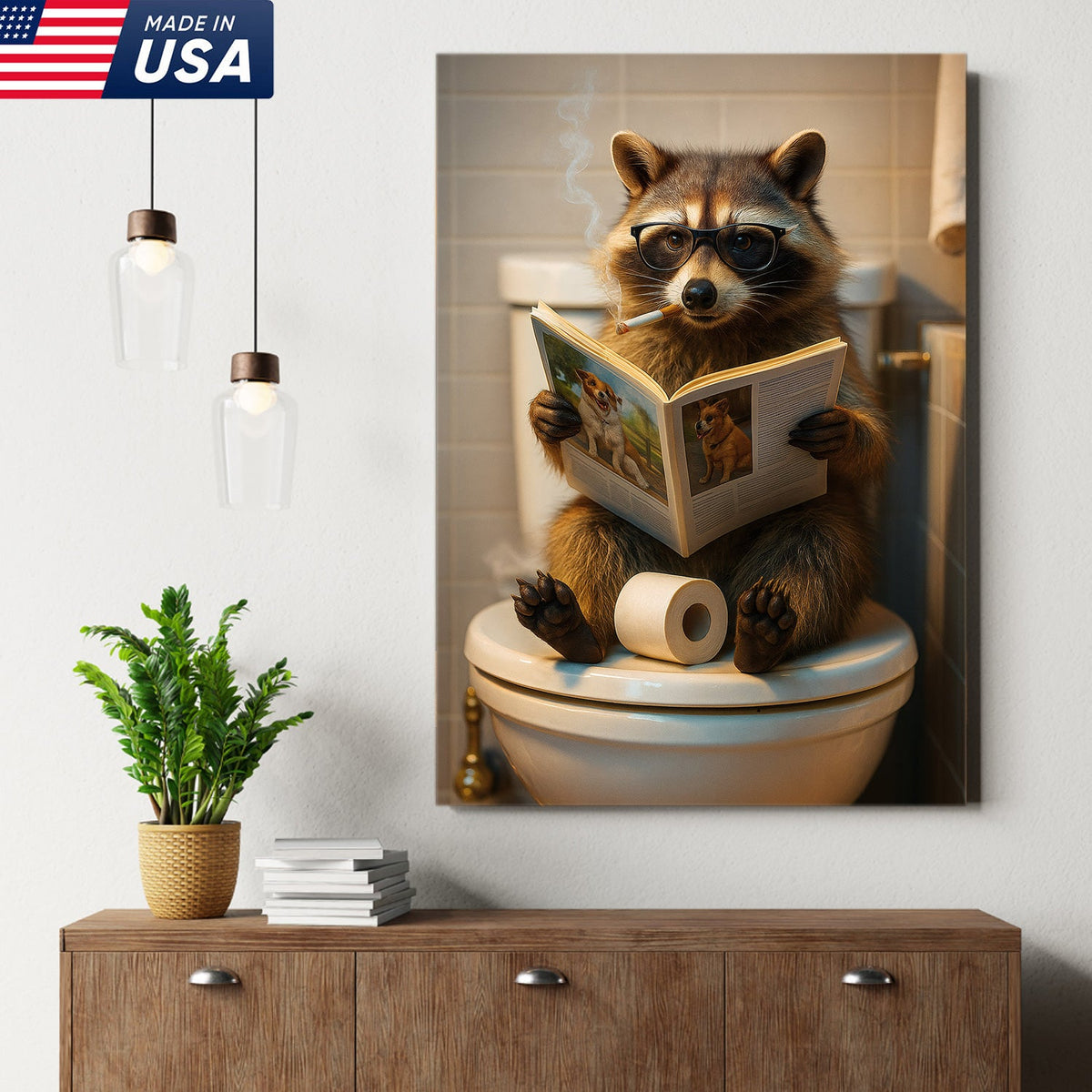 Funny Raccoon On Toilet Canvas – Smoking Raccoon Reading on Toilet, Bathroom Humor Wall Art
