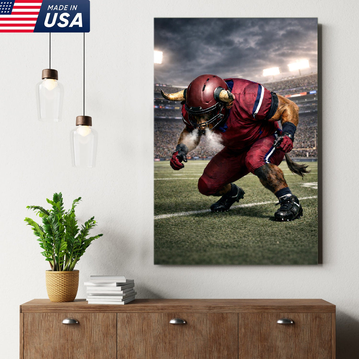 Fierce Bull Football Canvas Wall Art – Charging Horned Athlete Stadium Print