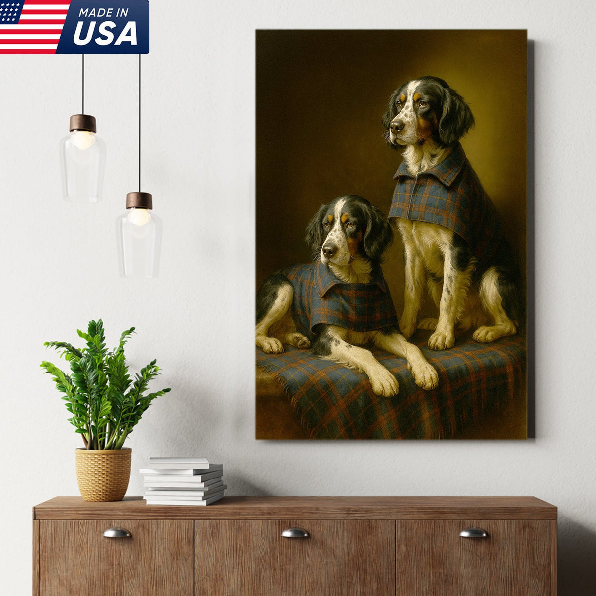 Elegant Dog Portrait Christmas Canvas Wall Art – Classic Plaid Outfit Decor