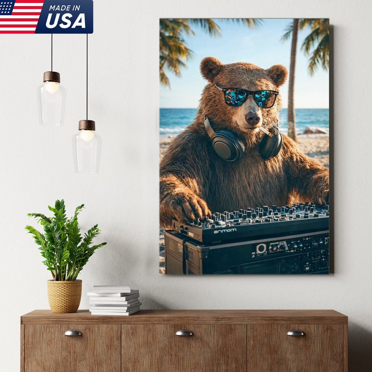 Cool DJ Bear Beach Canvas Wall Art – Trendy Animal Music Print