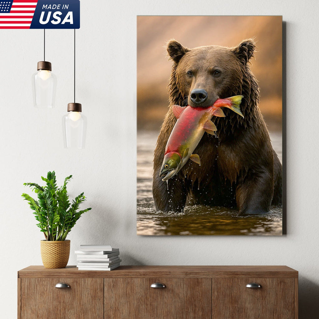 Bear Catching Salmon Canvas Wall Art, Wildlife River Cabin Decor, Nature Lover Gift