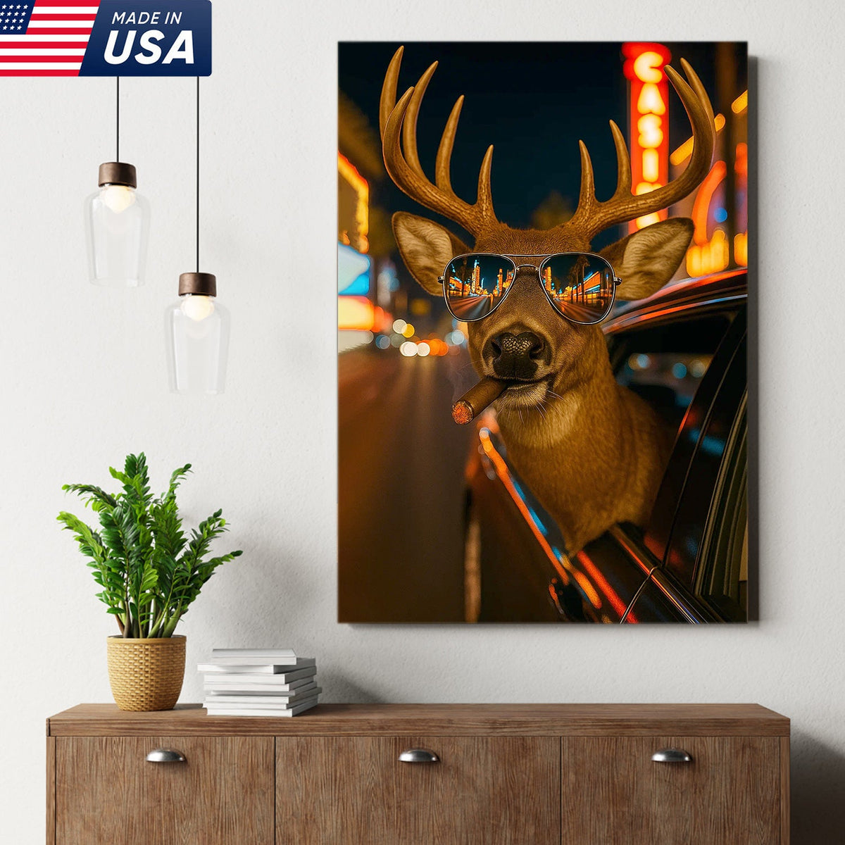 Cool Deer Canvas Wall Art - Funny Rustic Lodge Decor with Sunglasses and Night City Vibes