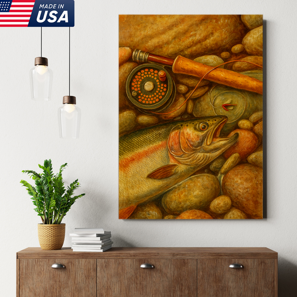 ly Fishing Canvas Wall Art – Retro Trout Painting with Rod & Reel Rustic Cabin Lodge Decor