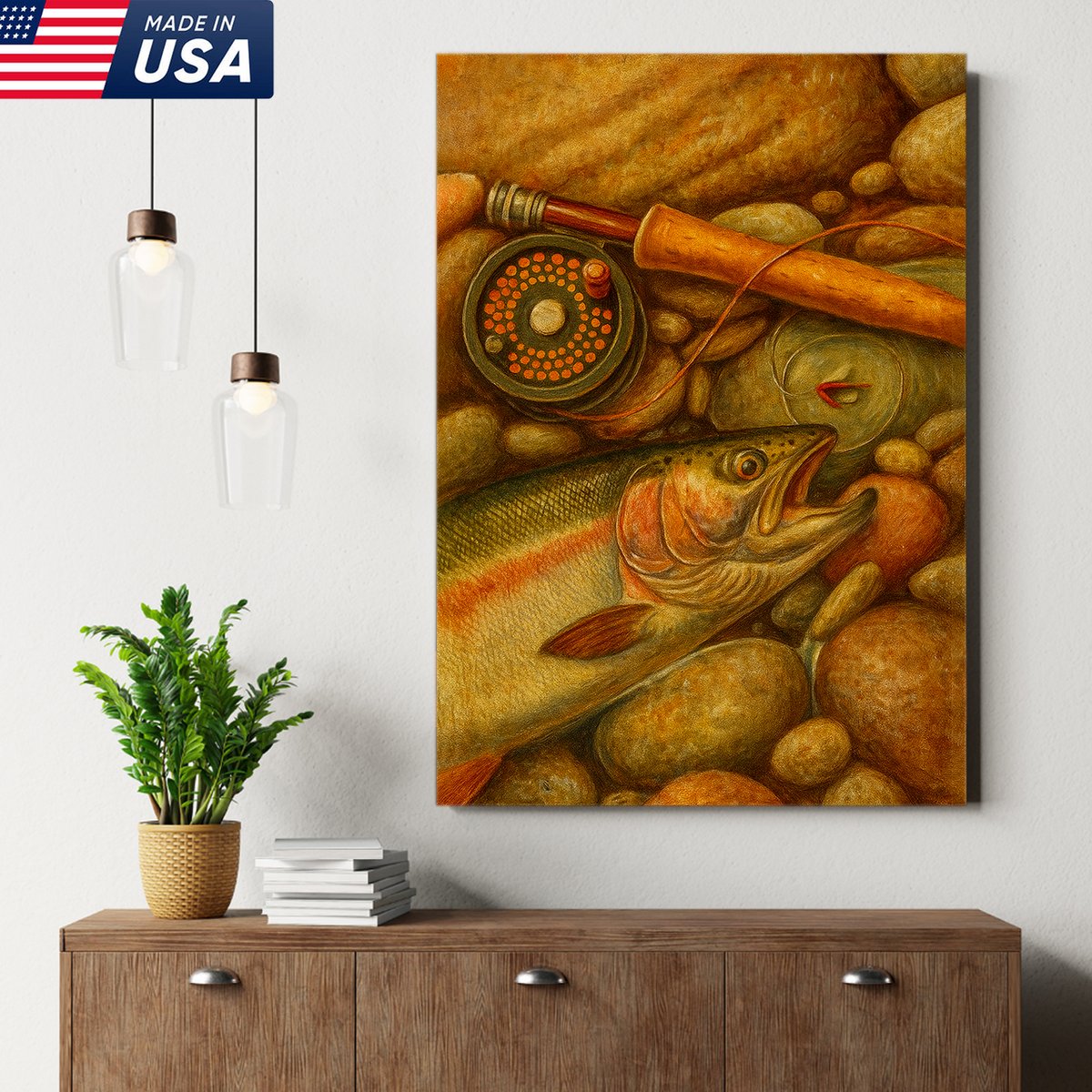 ly Fishing Canvas Wall Art – Retro Trout Painting with Rod & Reel Rustic Cabin Lodge Decor