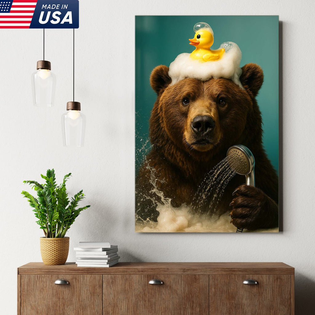 Funny Bear Bathroom Wall Art Canvas – Cute Bear Bubble Bath with Rubber Duck