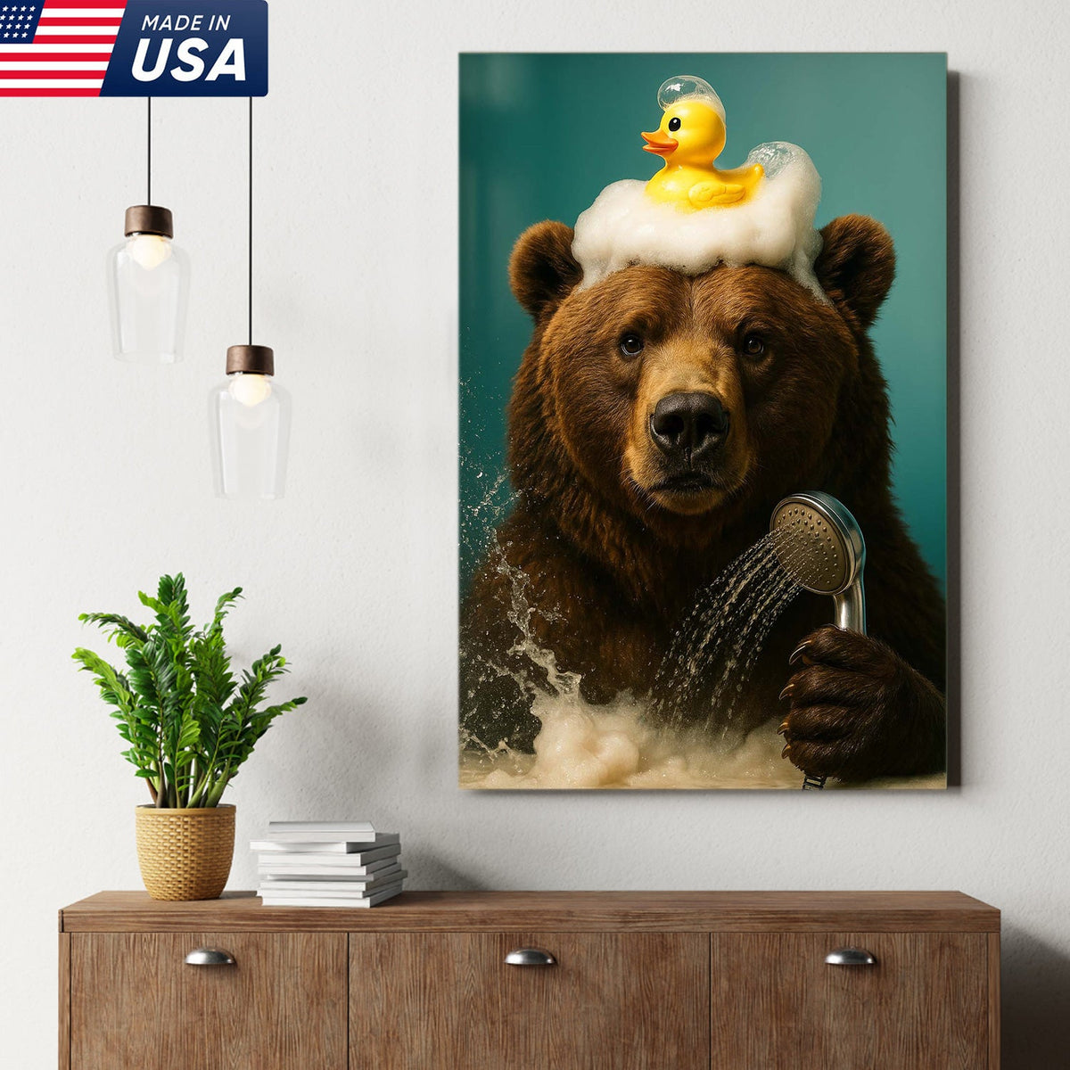 Funny Bear Bathroom Wall Art Canvas – Cute Bear Bubble Bath with Rubber Duck