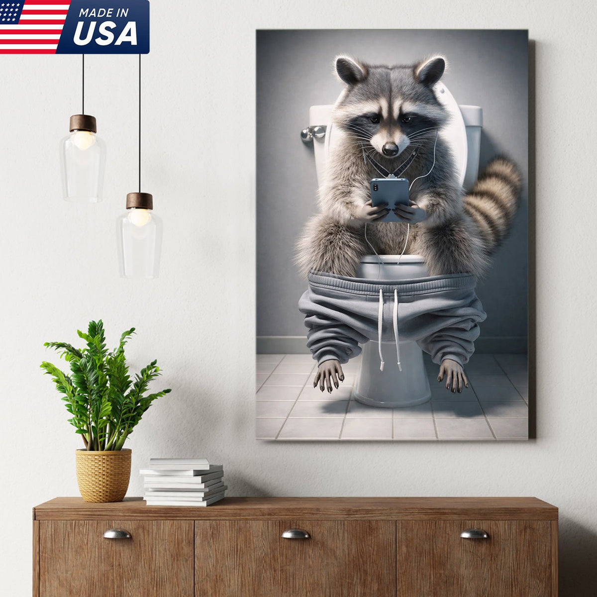 Funny Raccoon Toilet Canvas, Bathroom Humor Wall Art, Animal Decor