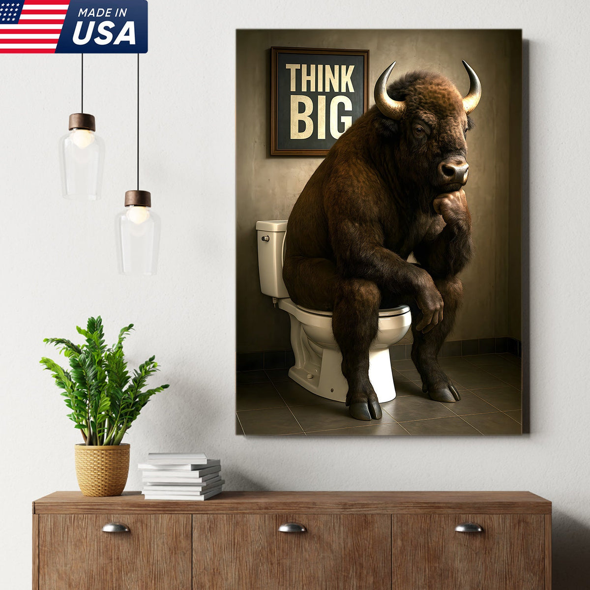 Funny Buffalo Bathroom Wall Art – Think Big Bison Canvas, Rustic Farmhouse Animal Decor