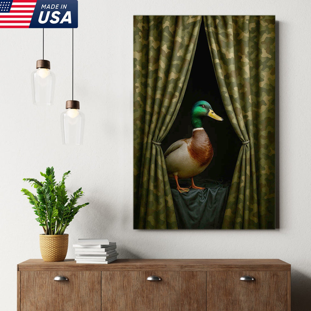 Duck Behind Camo Curtain Canvas Wall Art, Funny Hunting Lodge Decor, Rustic Wildlife Artwork