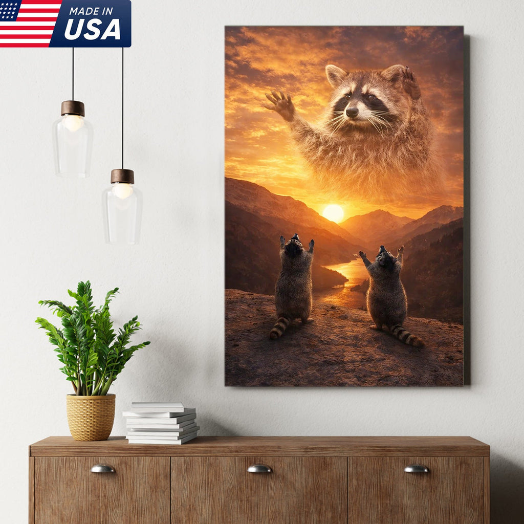 Funny Raccoon God Sunset Canvas Wall Art, Raccoon Worship Mountain Landscape