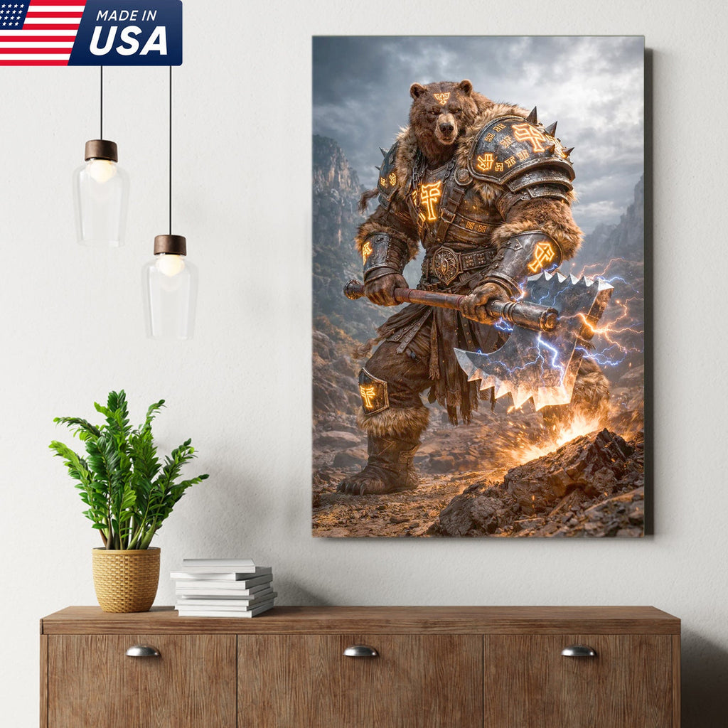 Thunder Rune Bear Canvas Wall Art – Epic Fantasy Warrior with Lightning Axe